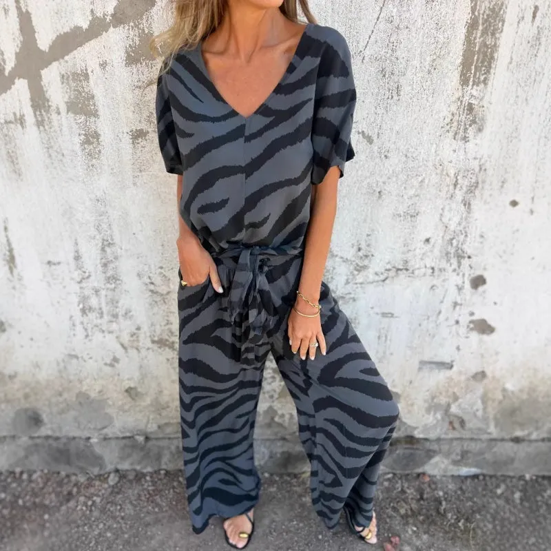 🔥 Hot Sale🔥Women's Zebra Print V-Neck Top & Pants Two-Piece Set
