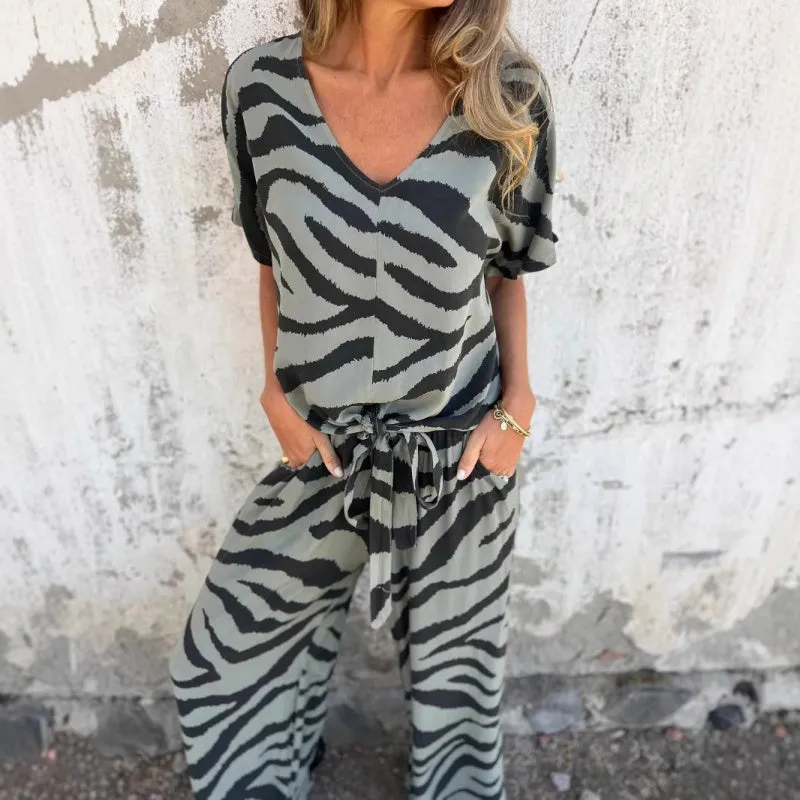 🔥 Hot Sale🔥Women's Zebra Print V-Neck Top & Pants Two-Piece Set
