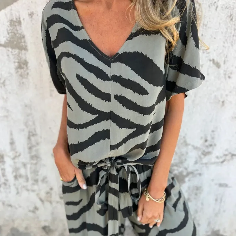 🔥 Hot Sale🔥Women's Zebra Print V-Neck Top & Pants Two-Piece Set