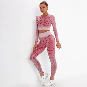 2021 New Fashion Print Long Sleeve Two Piece Seamless Yoga Set