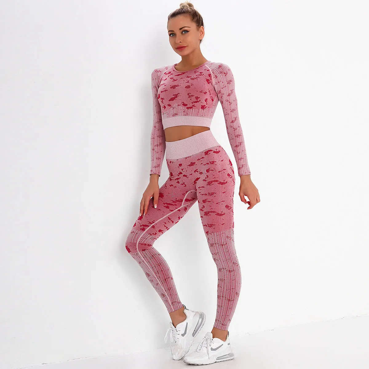 2021 New Fashion Print Long Sleeve Two Piece Seamless Yoga Set