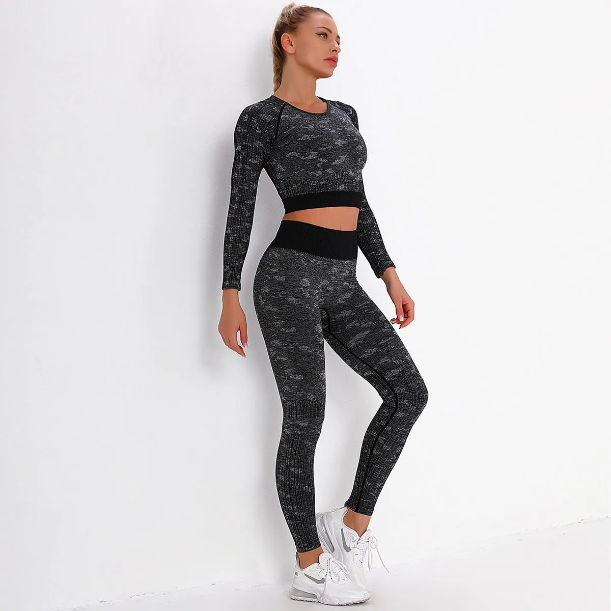 2021 New Fashion Print Long Sleeve Two Piece Seamless Yoga Set