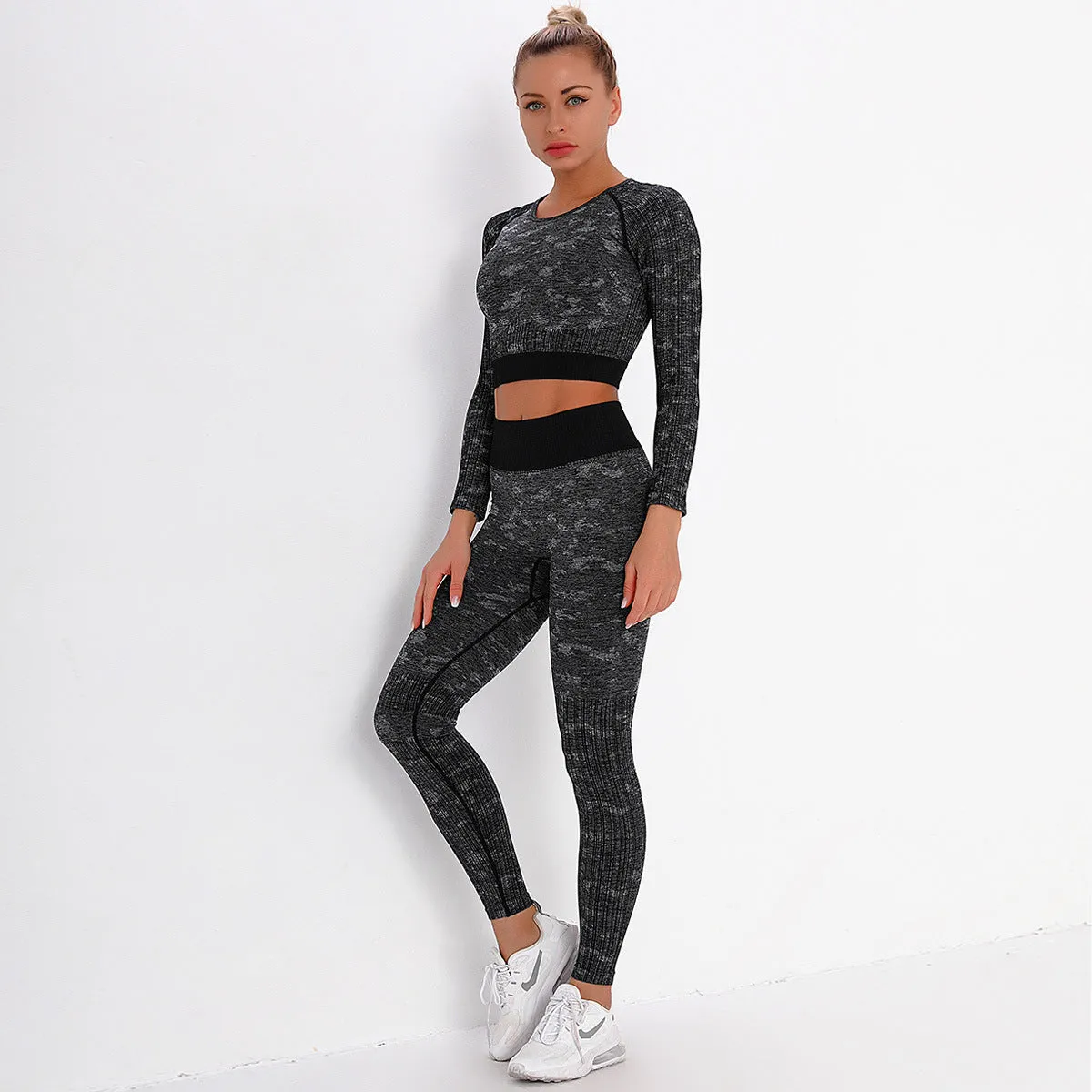 2021 New Fashion Print Long Sleeve Two Piece Seamless Yoga Set