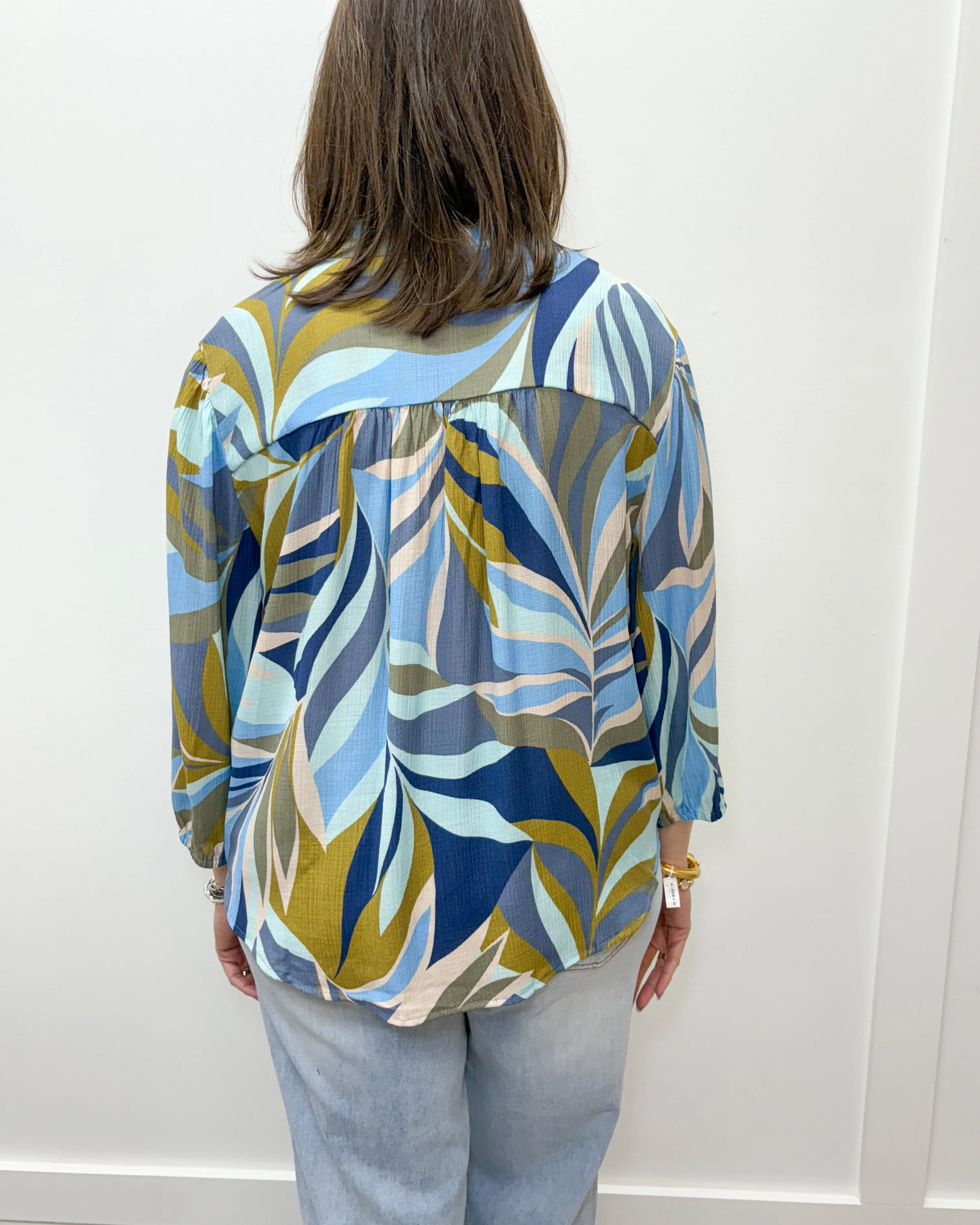 3/4 Sleeve Button Front Blouse - Green Moss