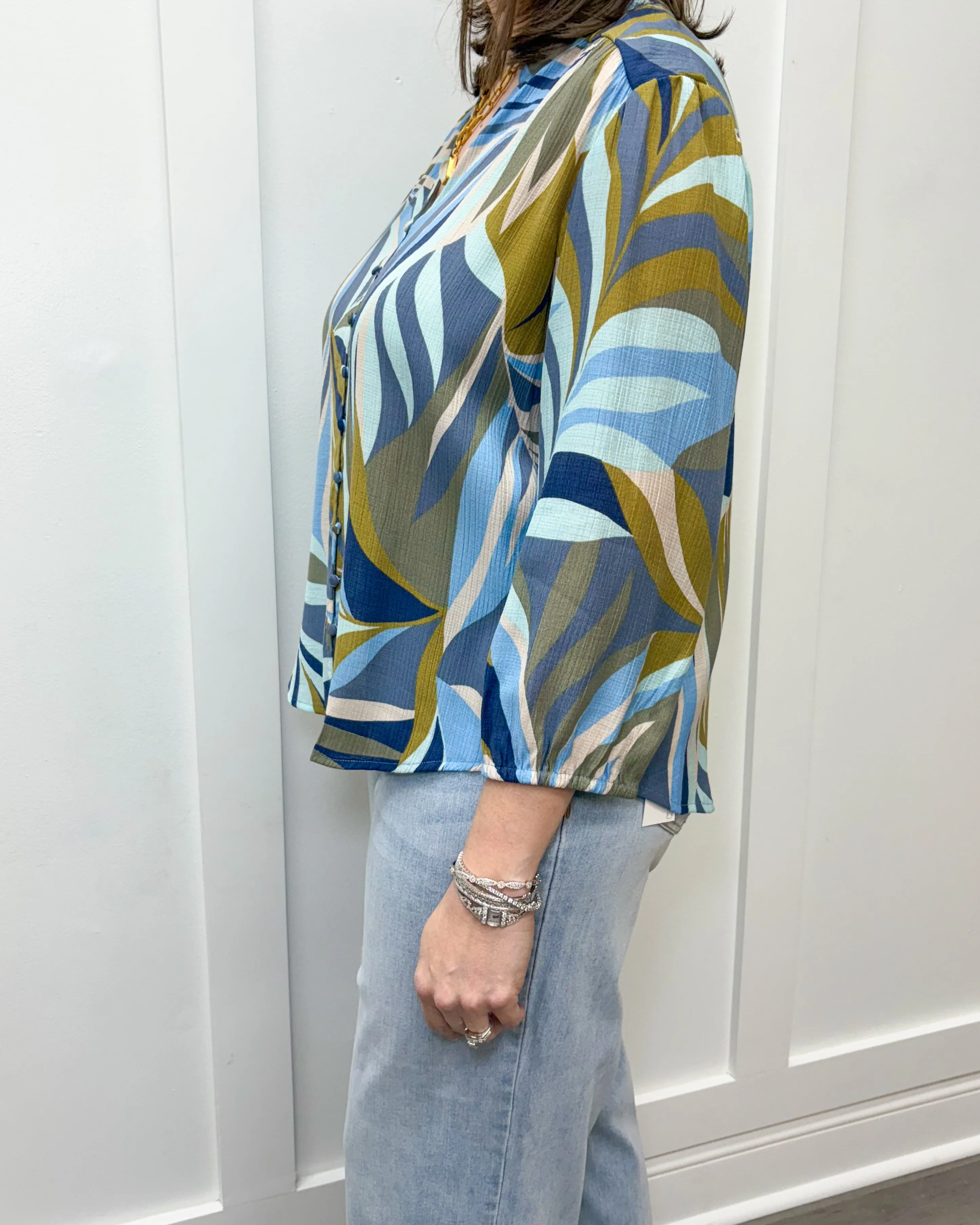 3/4 Sleeve Button Front Blouse - Green Moss