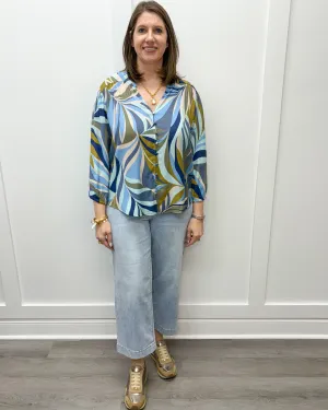 3/4 Sleeve Button Front Blouse - Green Moss