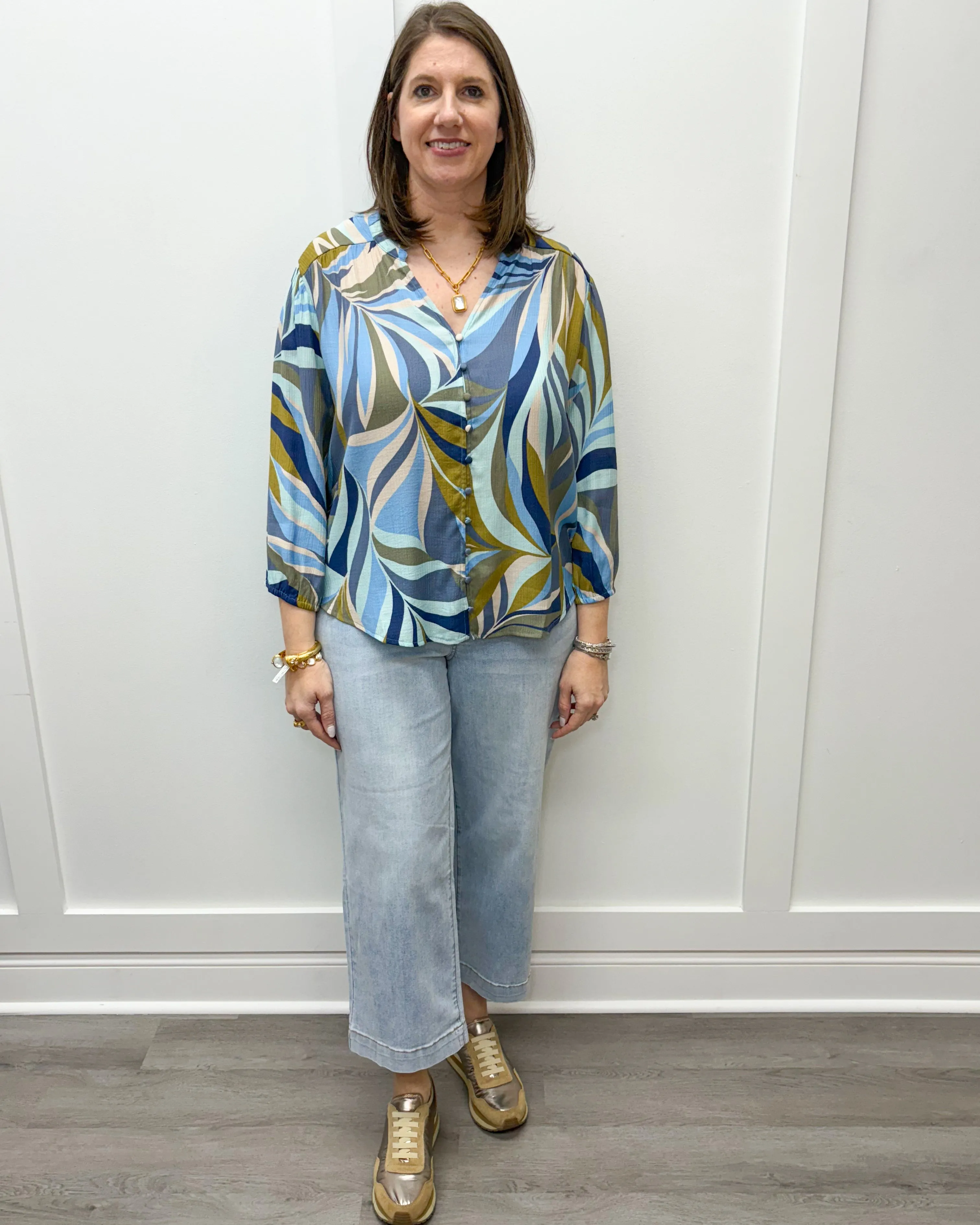 3/4 Sleeve Button Front Blouse - Green Moss