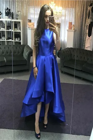 A-Line Round Neck Sleeveless High Low Royal Blue Satin Prom Dress PD018
