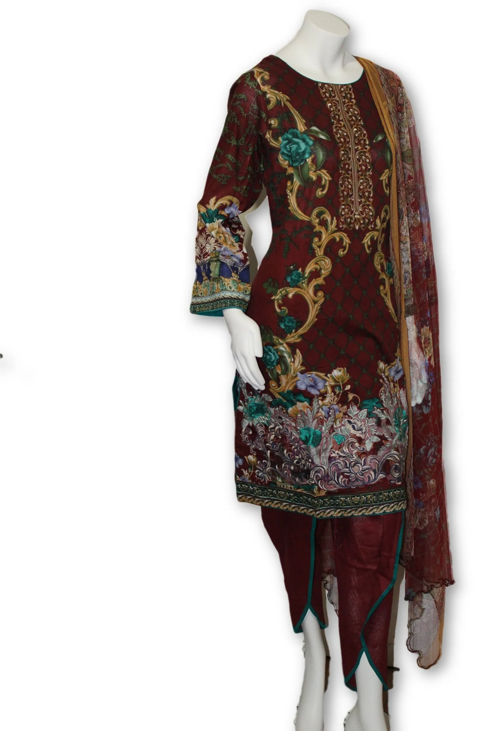 A04 Pakistani Indian Fine Design 3 Pcs Embroidered  Lawn Suit