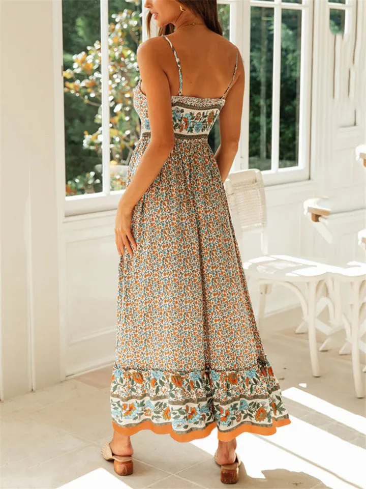All-Over Floral Print Fitted Waist Pullover Pleated Detailing Spaghetti Strap Dress