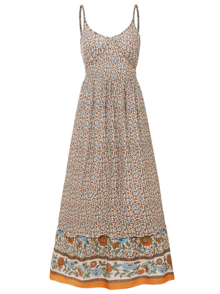 All-Over Floral Print Fitted Waist Pullover Pleated Detailing Spaghetti Strap Dress