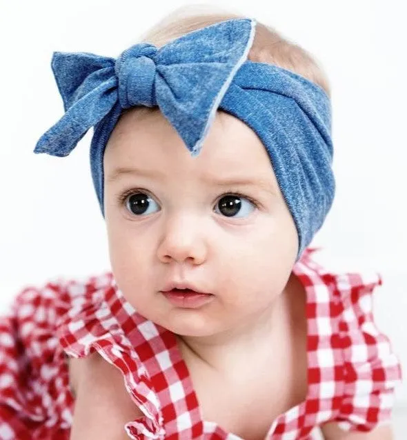Baby Bling Stonewash Denim Patterned Knot Headband