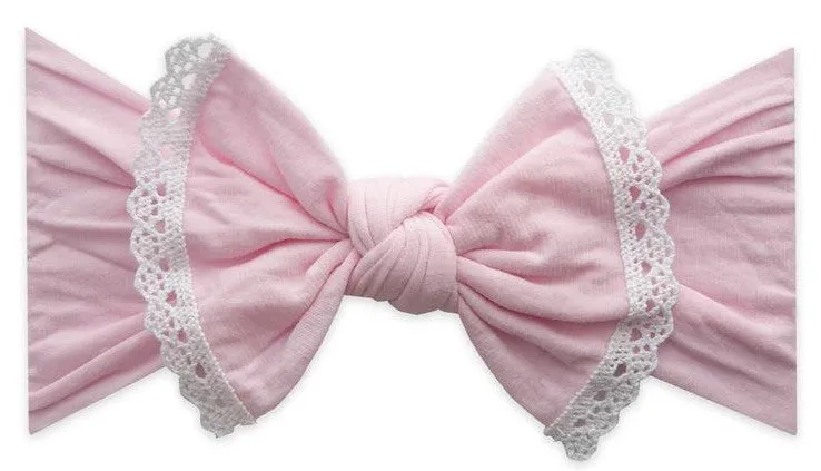 Baby Bling Trimmed Classic Knot Headband-Pink with White Lace