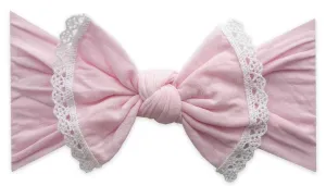 Baby Bling Trimmed Classic Knot Headband-Pink with White Lace