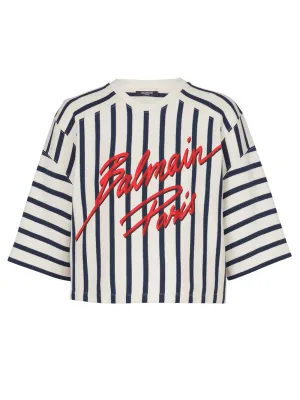Balmain Cropped Baseball T-Shirt in Creme/Marine/Rouge
