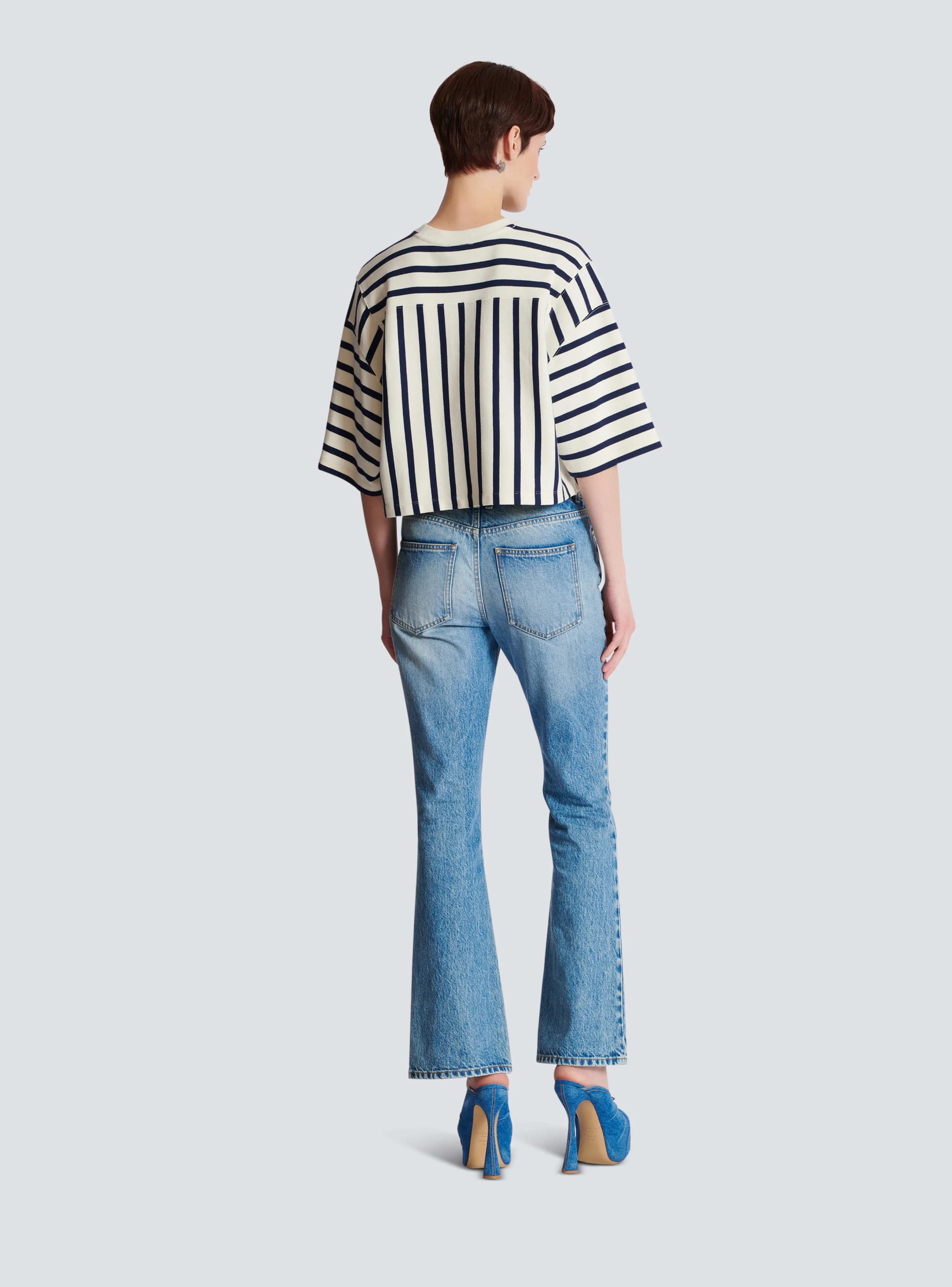 Balmain Cropped Baseball T-Shirt in Creme/Marine/Rouge