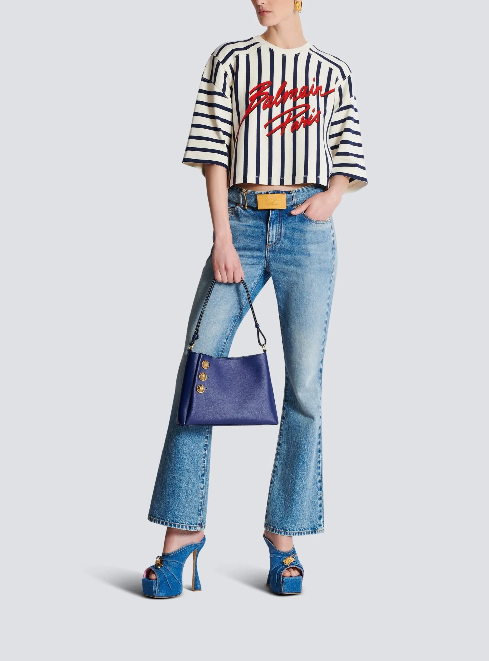 Balmain Cropped Baseball T-Shirt in Creme/Marine/Rouge