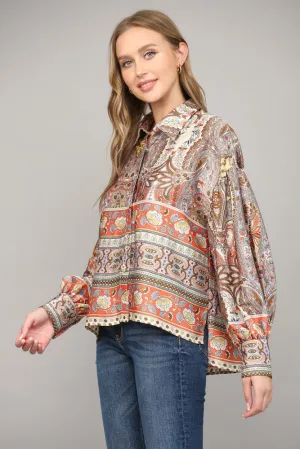 Belsa Border Print Button Down Blouse