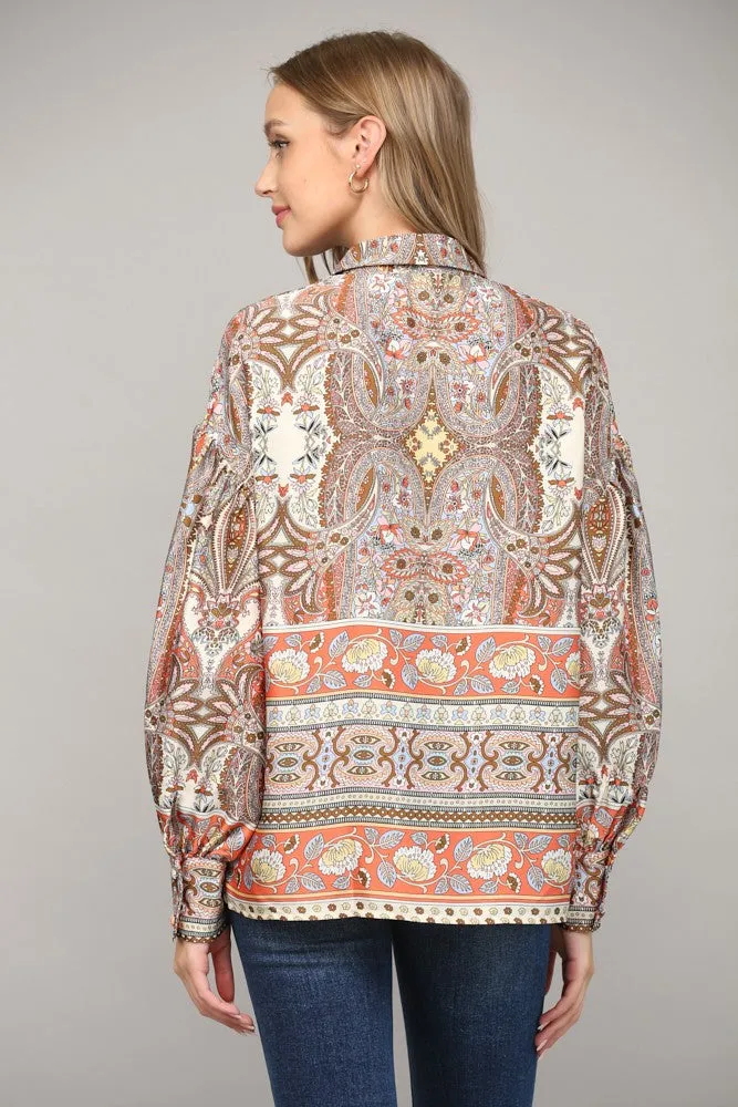 Belsa Border Print Button Down Blouse