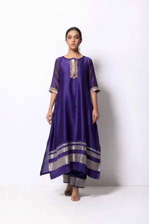 Bhavik Shah   I   Penn Kurta Full Set - Kurta, Stole, Pants, With Slip Kurta - Handwoven Chanderi Silk, Stole - Chanderi & Zari, Pants - Cotton Silk VIOLET CH-SK-UV-23