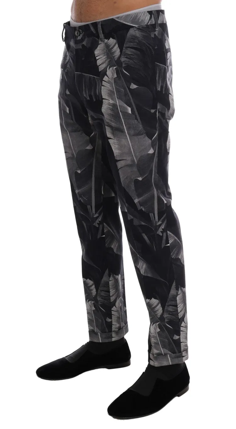 Black Banana Leaf Cotton Stretch Slim Pants