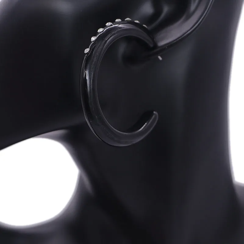 Black Glossy Rhinestone Hoop Earrings