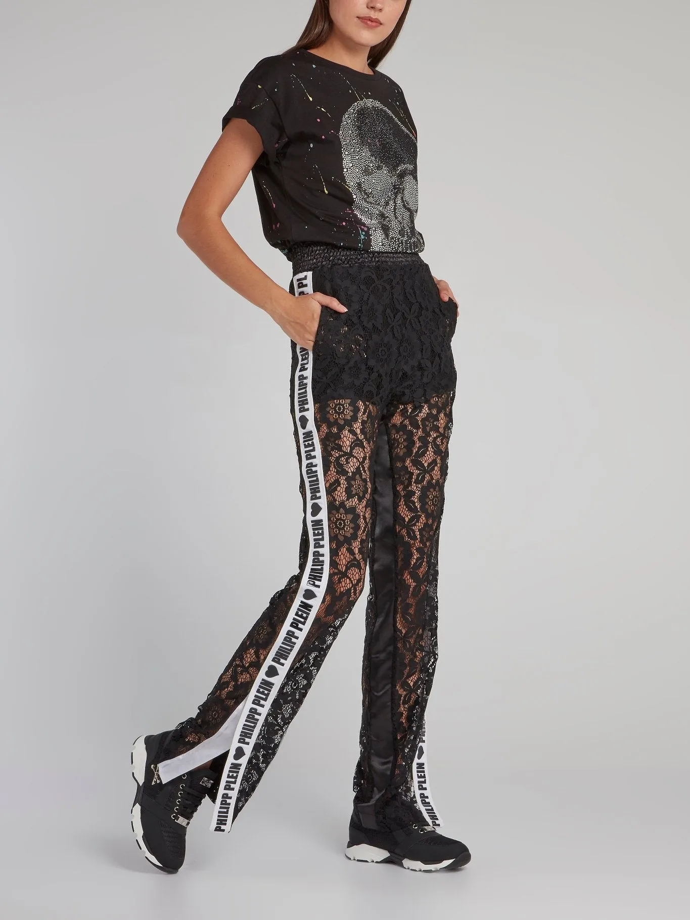 Black Smocked Waist Lace Pants