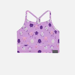 Camisole de sport lilas avec bretelles croisées en tissu extensible, enfant || Lilac sports tank top with thin crossed straps in stretch fabric, child