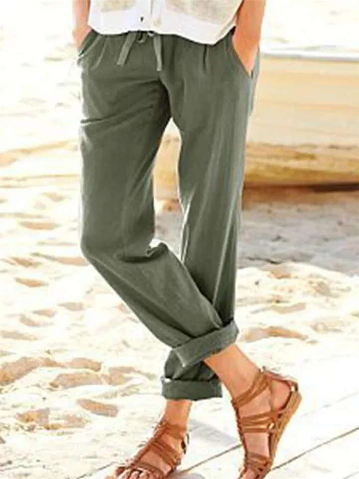 Casual Fit Solid Color Drawstring Pocket Straight-Leg Linen Pants