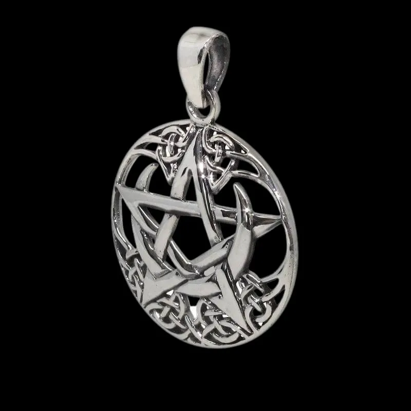 Celtic Pagan Pentagram Crescent Moon Round Charm 925 Sterling silver Pendant