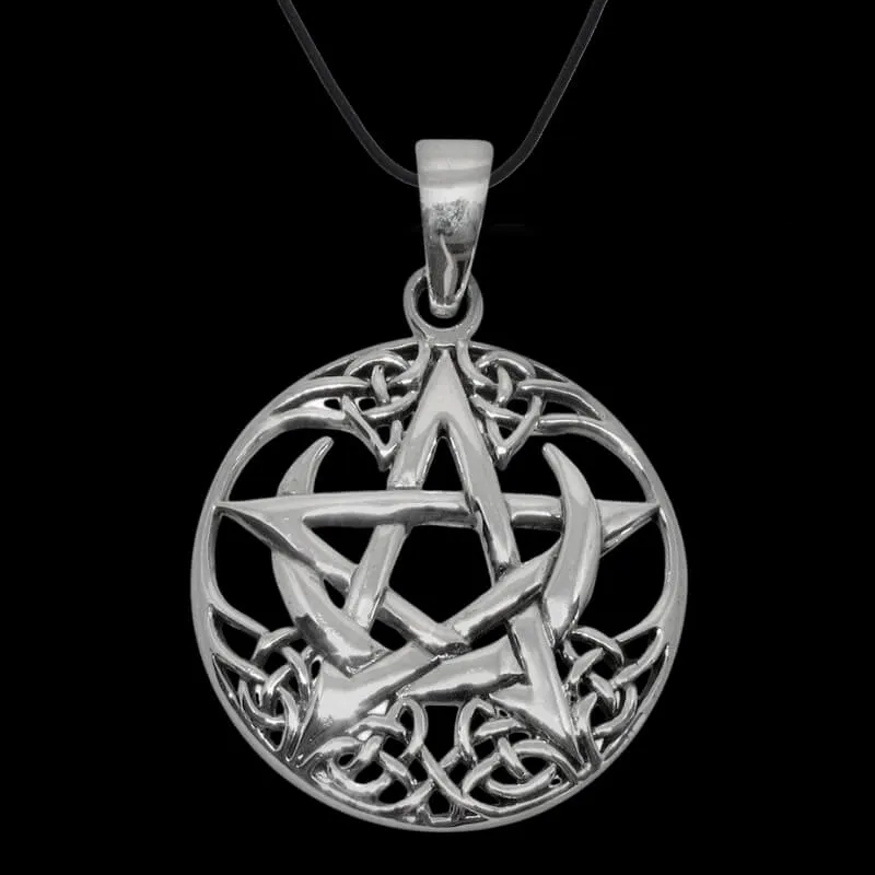 Celtic Pagan Pentagram Crescent Moon Round Charm 925 Sterling silver Pendant