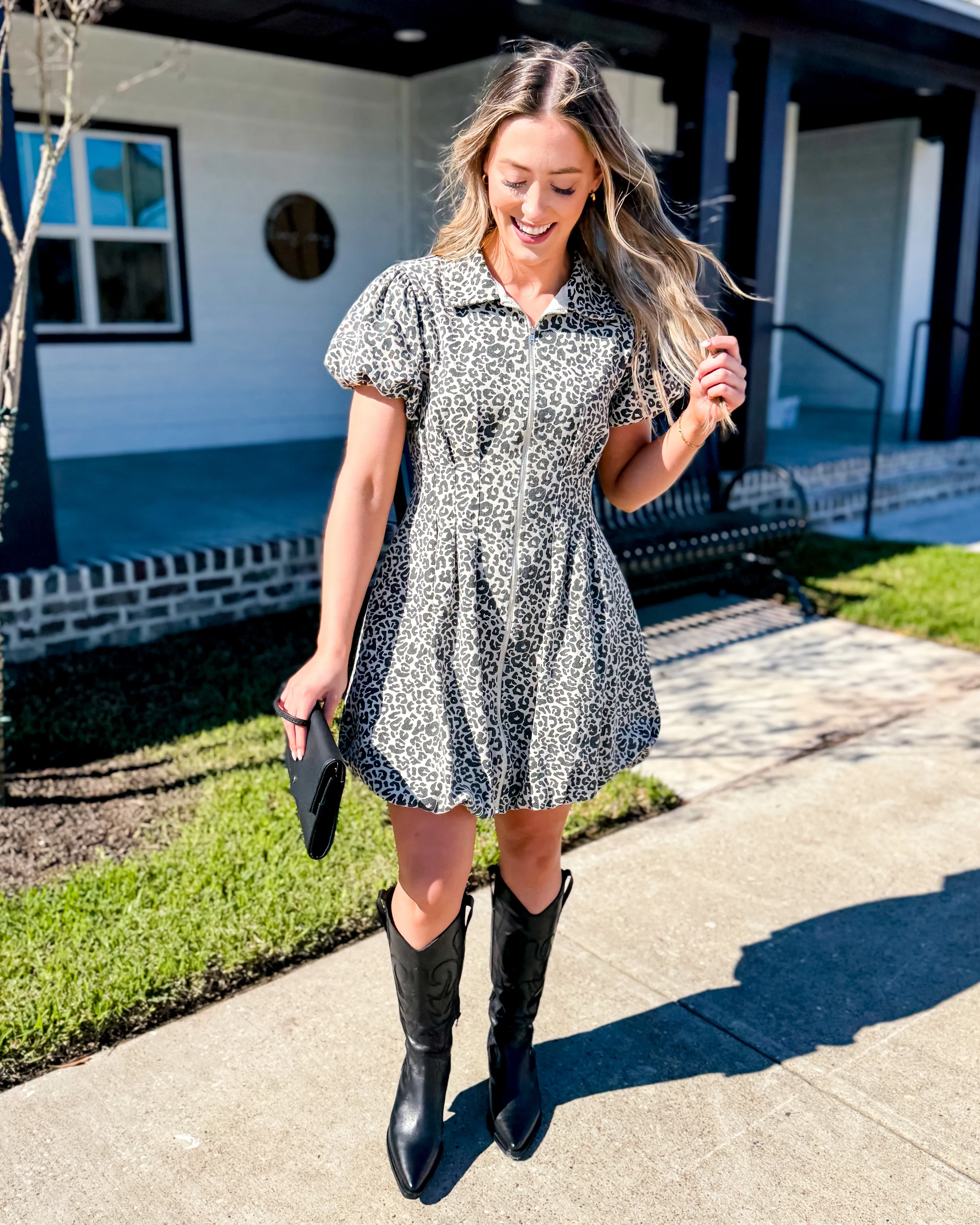 Cheetah Zipper Front Mini Shirt Dress