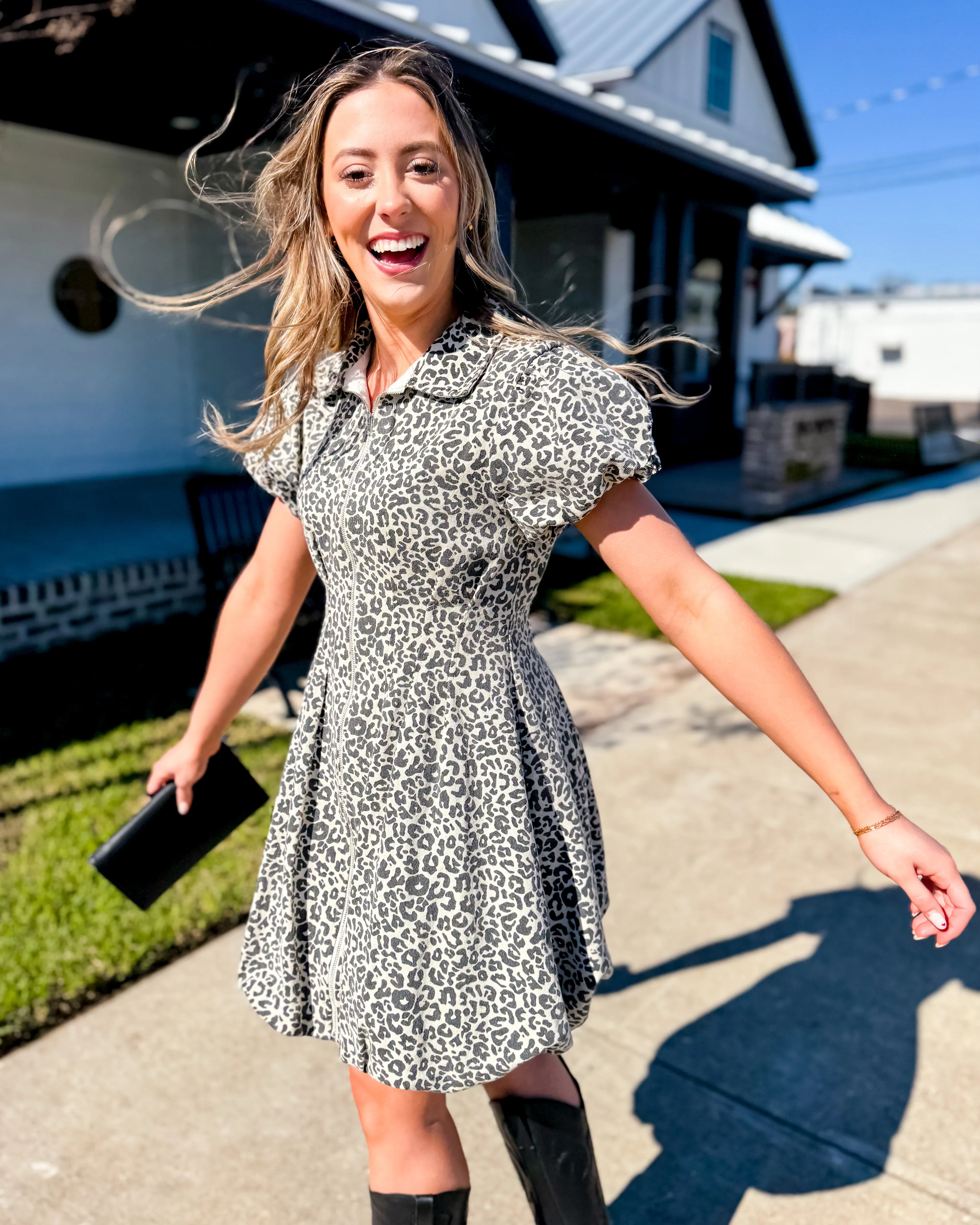 Cheetah Zipper Front Mini Shirt Dress