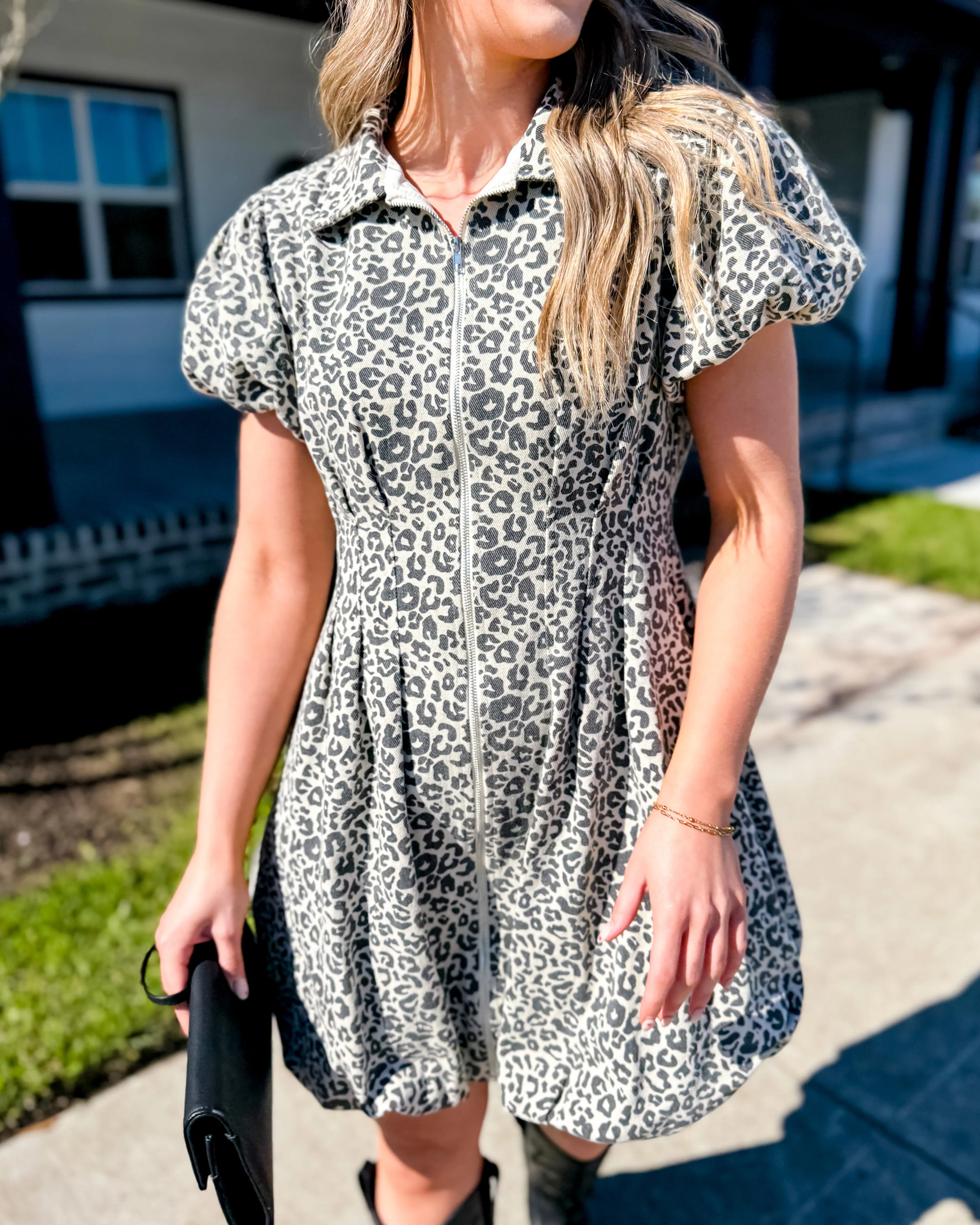 Cheetah Zipper Front Mini Shirt Dress