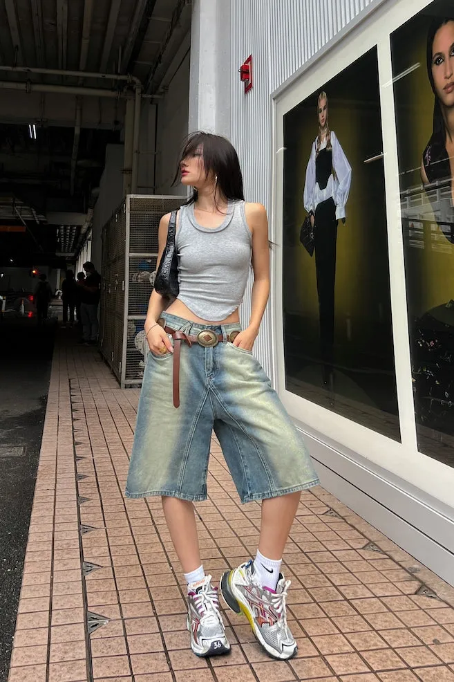 Damion Denim Blue Washed Vintage High Waist Loose Straight Wide Leg Jeans Shorts