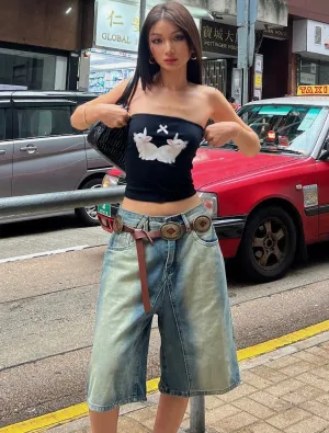 Damion Denim Blue Washed Vintage High Waist Loose Straight Wide Leg Jeans Shorts