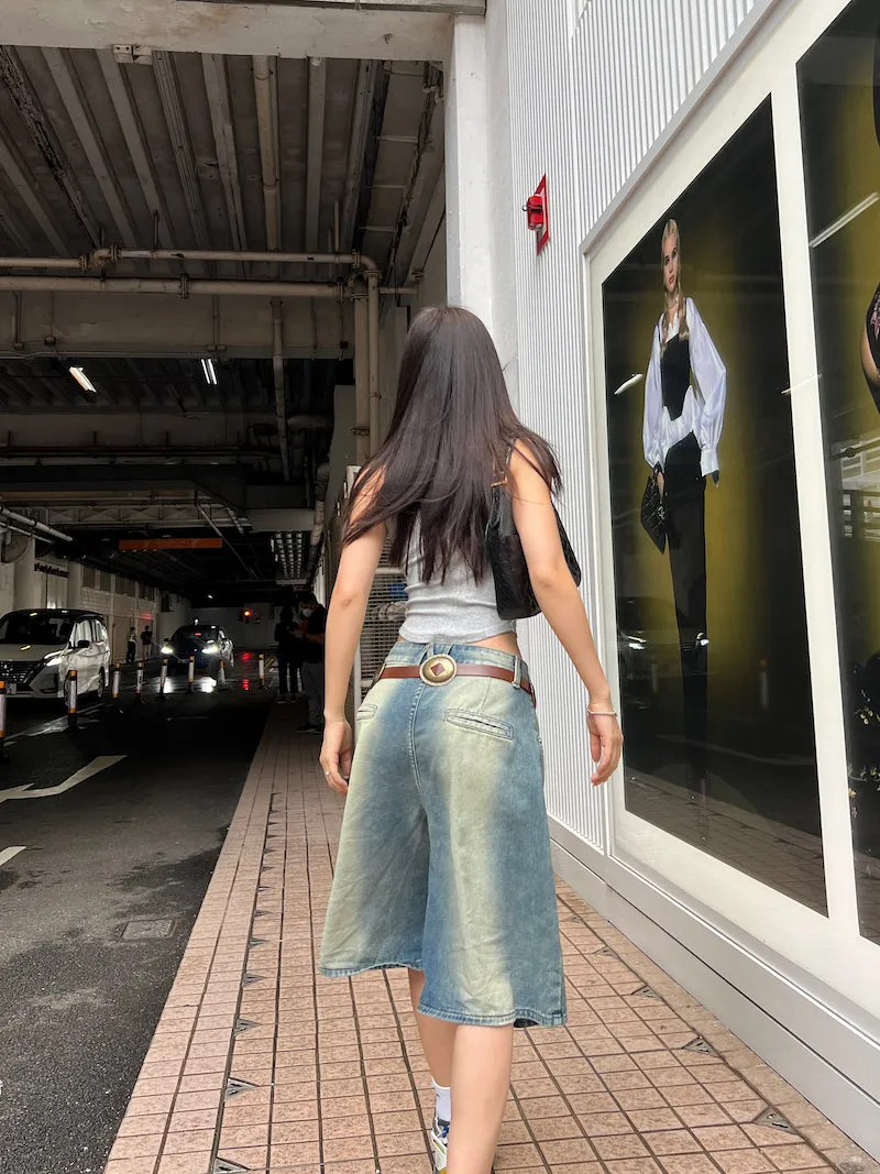 Damion Denim Blue Washed Vintage High Waist Loose Straight Wide Leg Jeans Shorts