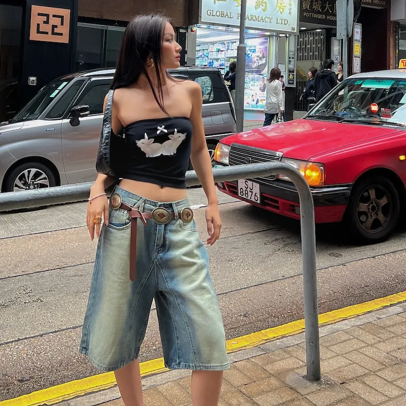 Damion Denim Blue Washed Vintage High Waist Loose Straight Wide Leg Jeans Shorts