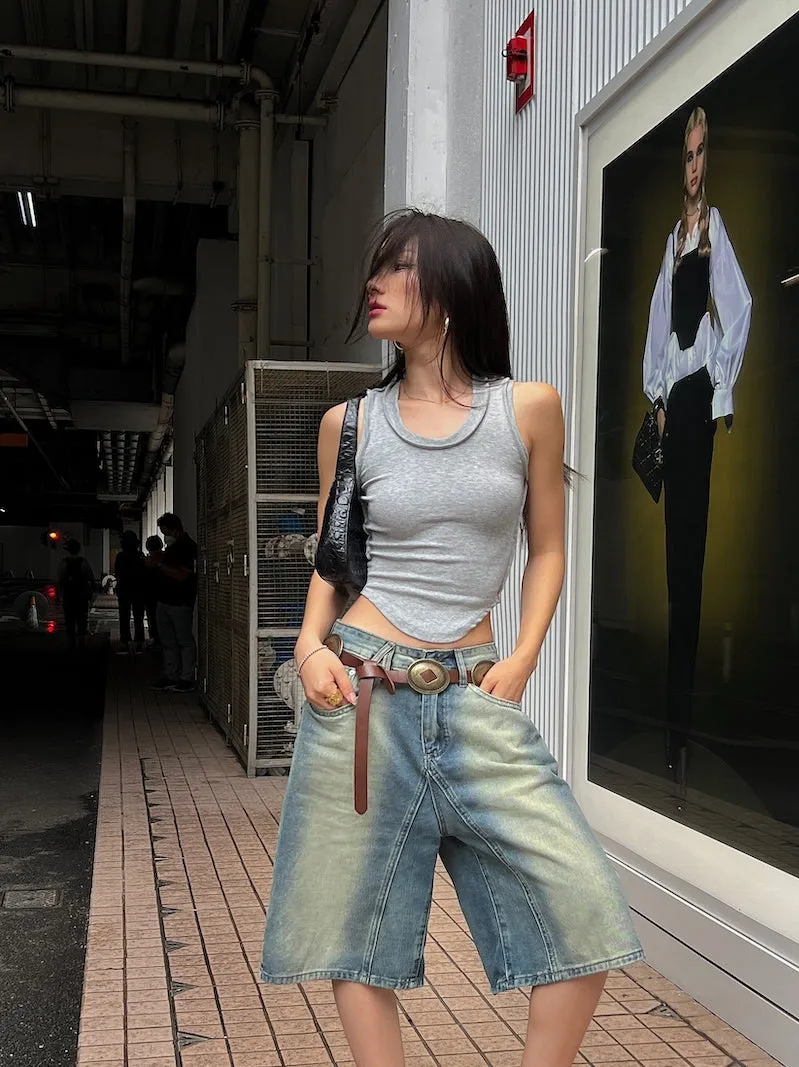 Damion Denim Blue Washed Vintage High Waist Loose Straight Wide Leg Jeans Shorts