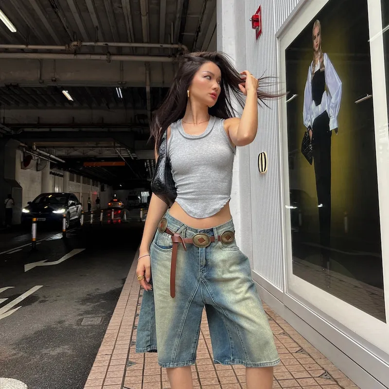 Damion Denim Blue Washed Vintage High Waist Loose Straight Wide Leg Jeans Shorts