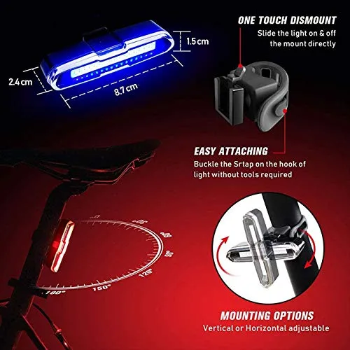 Dark Horse® Bicycle New Tail Light with 3 Colors Red, Blue & White LED Light 6 Mode USB Rechargeable