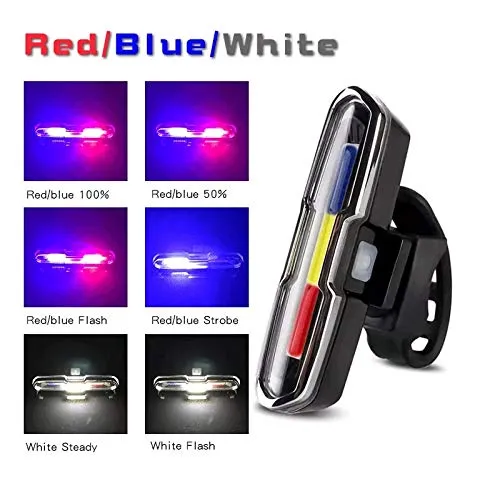 Dark Horse® Bicycle New Tail Light with 3 Colors Red, Blue & White LED Light 6 Mode USB Rechargeable