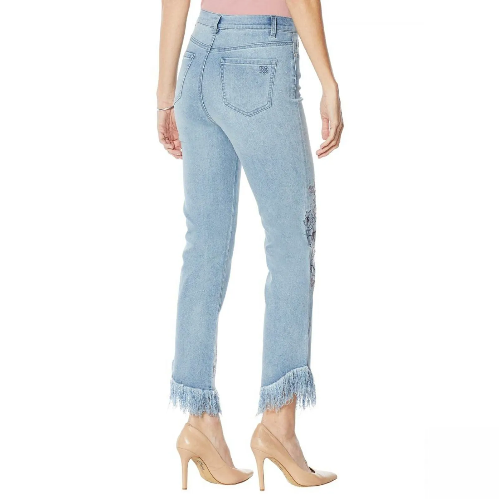 DG2 by Diane Gilman Women's Plus Size Embellished Fringe Hem Cropped Jeans