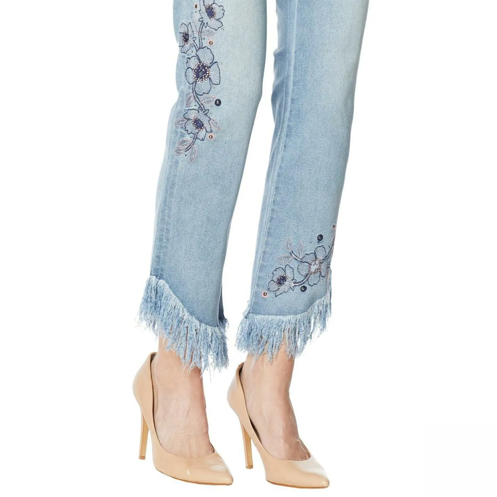 DG2 by Diane Gilman Women's Plus Size Embellished Fringe Hem Cropped Jeans