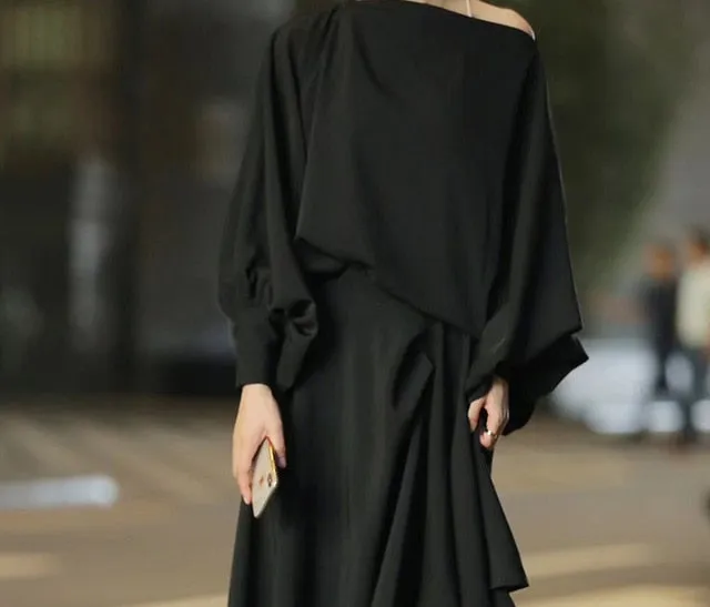 Fashion Designer Suit Spring Summer Women Lantern Sleeve Loose Tops  Asymmetrical skirt Two-piece set