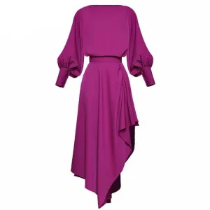 Fashion Designer Suit Spring Summer Women Lantern Sleeve Loose Tops  Asymmetrical skirt Two-piece set