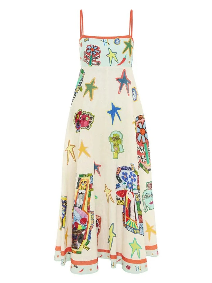 Female Cute Cartoon Star Flower Print Spaghetti Strap A-Line Dress