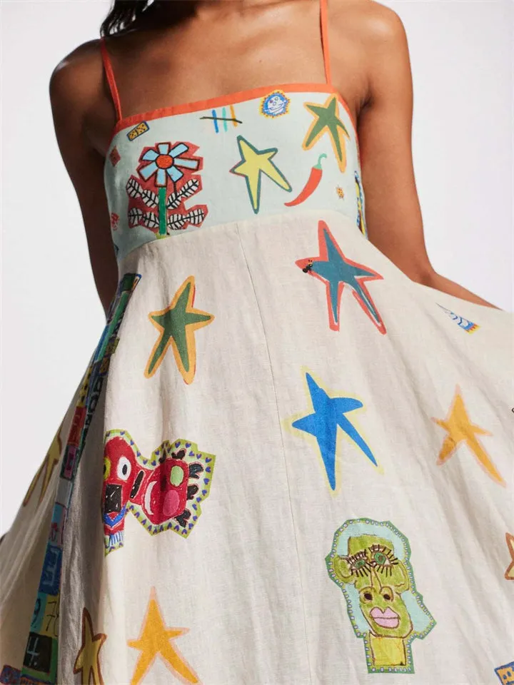Female Cute Cartoon Star Flower Print Spaghetti Strap A-Line Dress