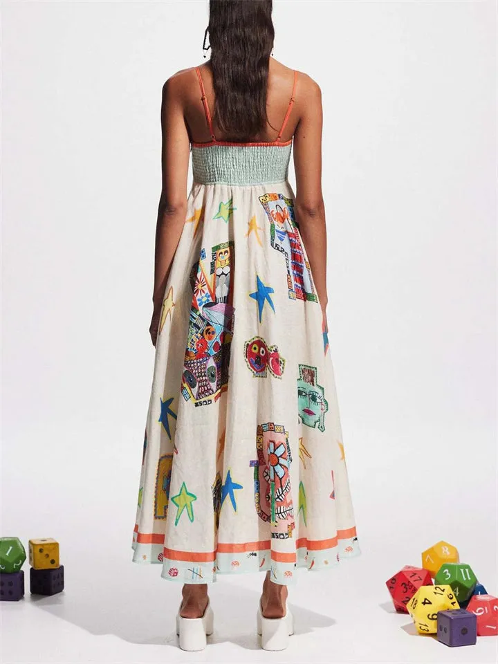 Female Cute Cartoon Star Flower Print Spaghetti Strap A-Line Dress