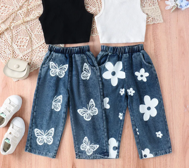 Girls' ribbed solid color top   trendy printed jeans suit